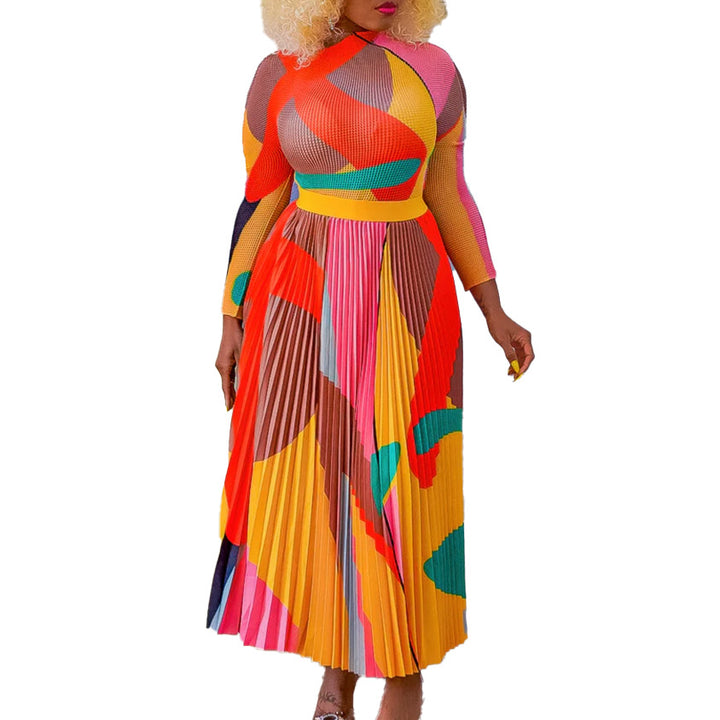 Damen Maxikleid mit modernem Grafikdesign und eleganter Plissee-Optik Drune