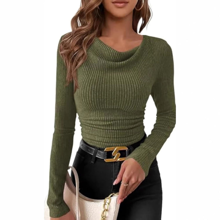 Damen Figurbetontes Feinripp-Longsleeve mit asymmetrischem Wasserfallkragen Drune