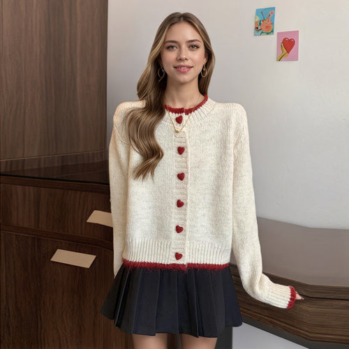 Damen Gemütlicher Strickcardigan mit Herzknöpfen Drune