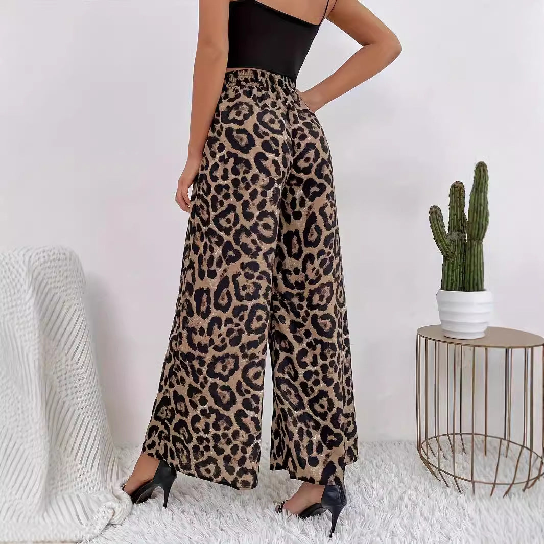 Damen Weite Leopard-Hosen aus fließendem Material mit elastischem Bund Drune