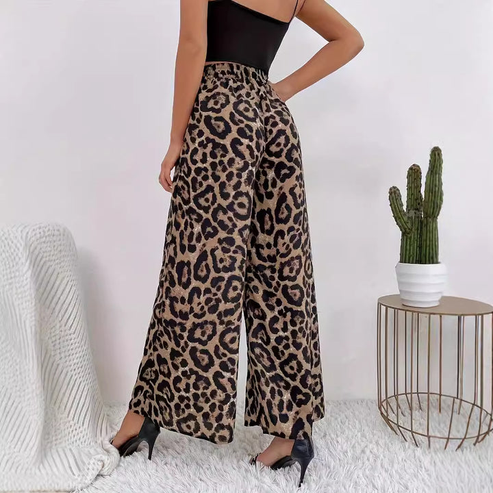 Damen Weite Leopard-Hosen aus fließendem Material mit elastischem Bund Drune