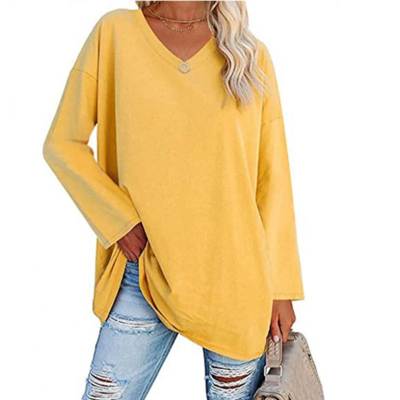 Damen Lässiges V-Ausschnitt Sweatshirt mit langen Ärmeln und asymmetrischem Saum Drune