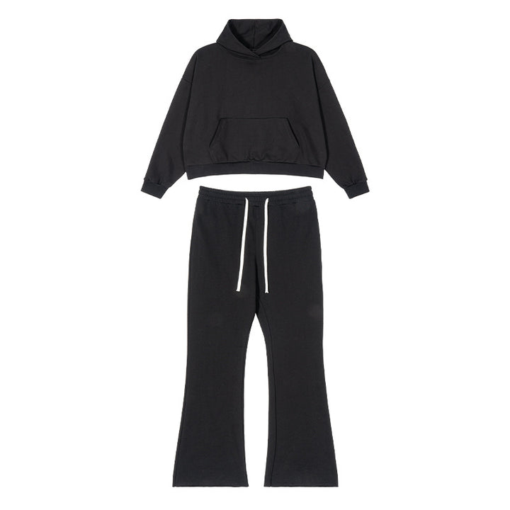 Damen Cropped-Kapuzenpullover und ausgestellte Sweathose Lounge-Set aus French-Terry Drune