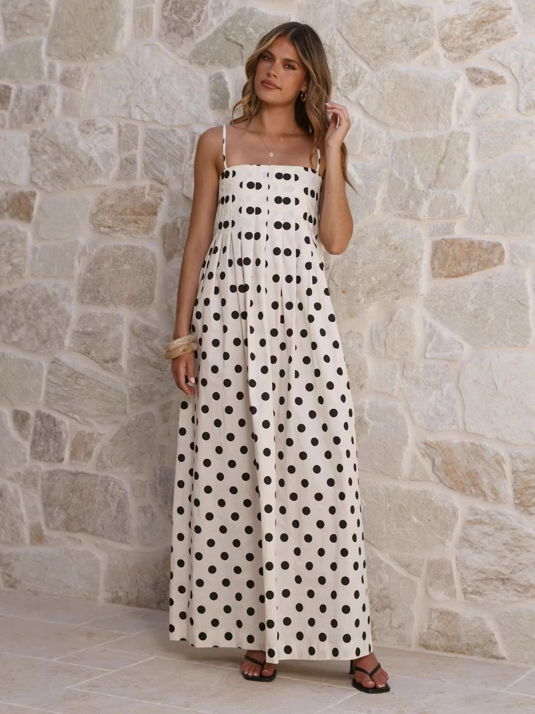 Damen Maxikleid mit verspieltem Punkte-Muster und schulterfreien Trägern Drune