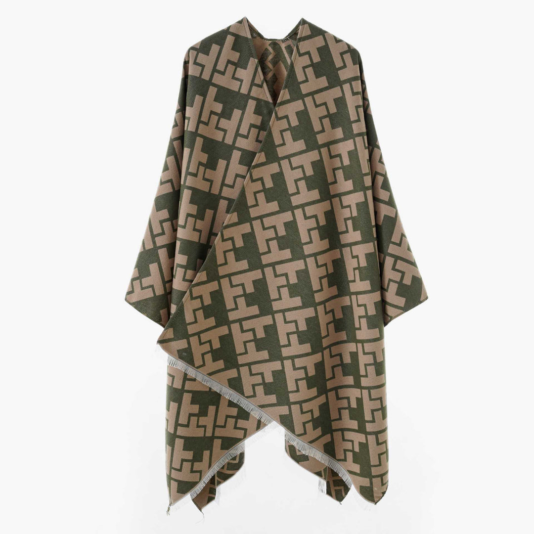 Damen Oversize Jacquard-Capeponcho aus Wollmix mit geometrischem Muster und Fransen Drune