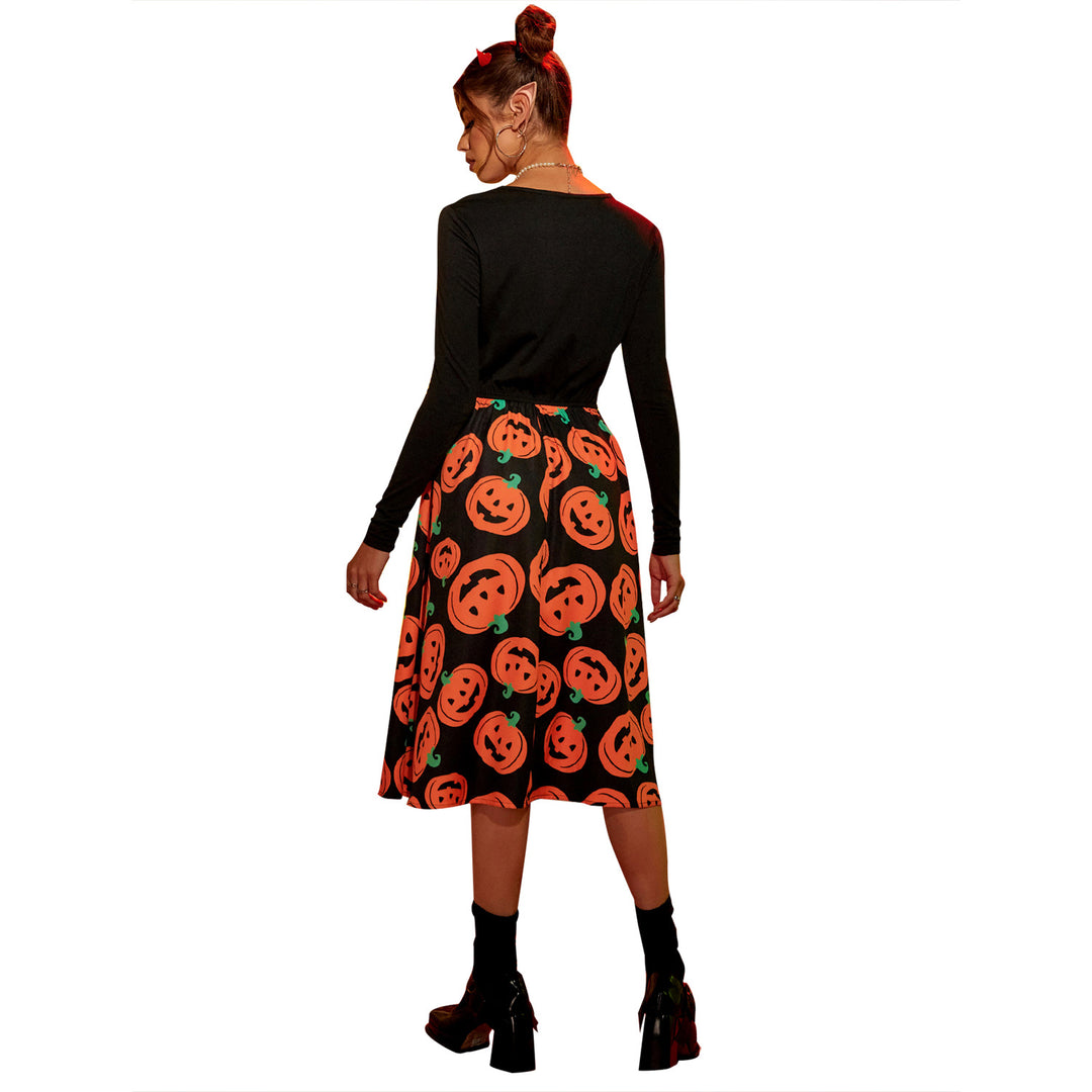Damen Midikleid mit langen Ärmeln und Halloween-Motiv Drune