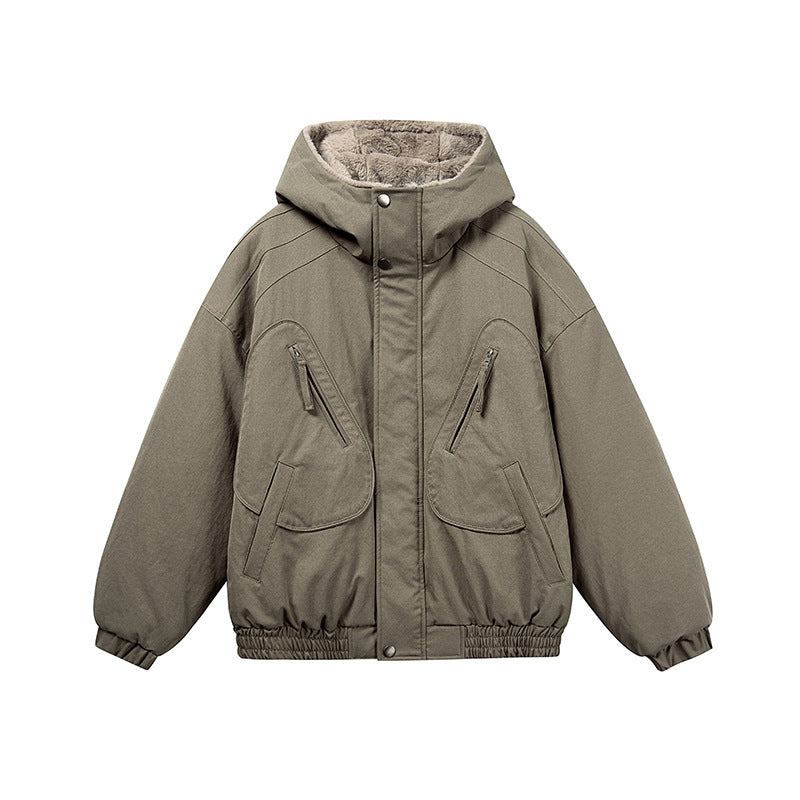 Unisex Kurz geschnittene Isolationsjacke im Boxy‑Cut mit Teddyinnenfutter und diagonal eingesetzten Reißverschlusstaschen Drune