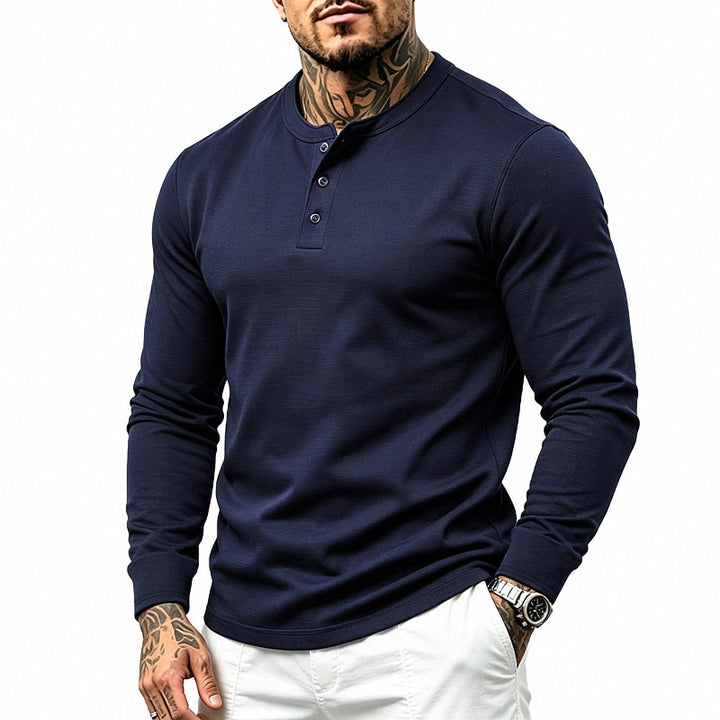 Herren Langarm-Henleyshirt aus feiner Waffelstruktur mit 3-Knopf-Leiste Drune
