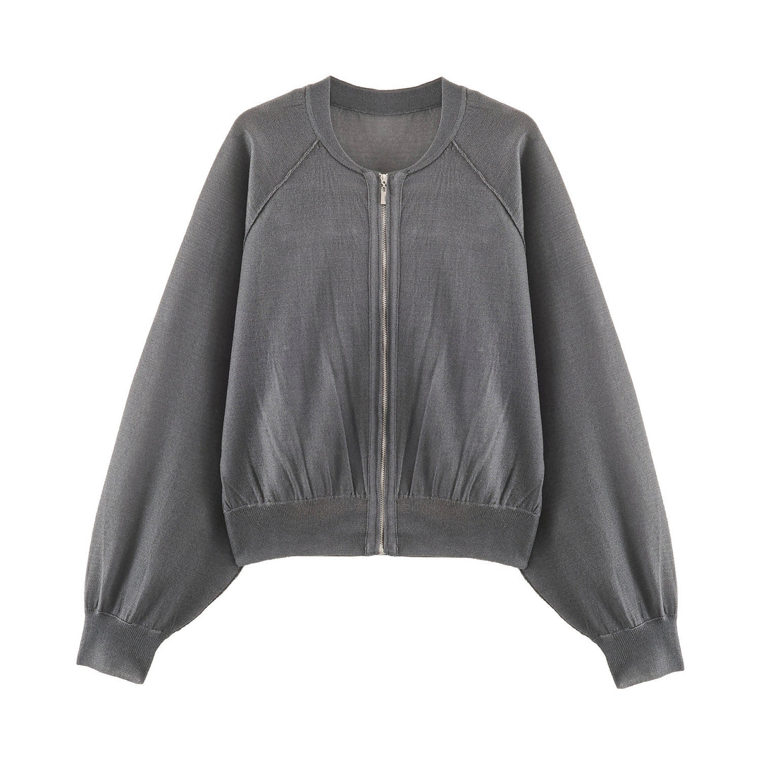Damen Leichter Strick‑Bomber mit Reißverschluss, Ballonärmeln und gerafftem Saum Drune
