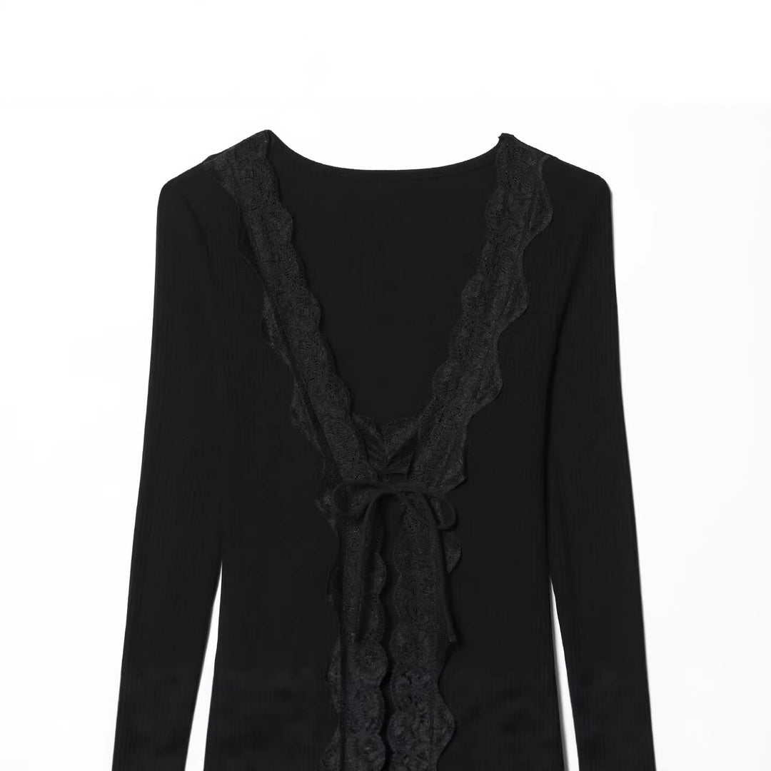 Damen Feines Rippstruktur-Longsleeve mit tiefem V‑Ausschnitt, breiter Spitzenblende und Zierband Drune