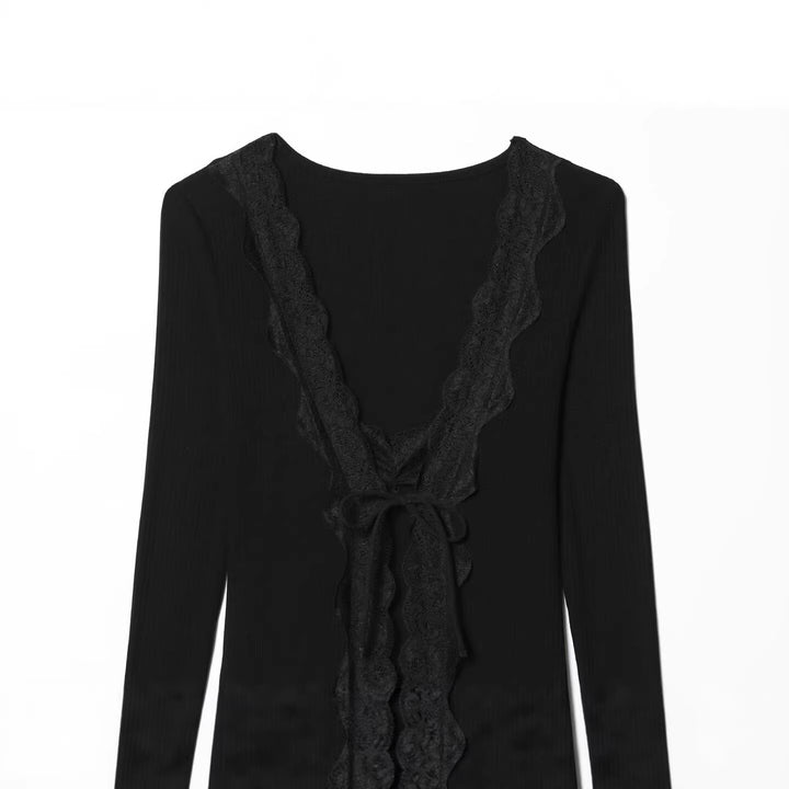 Damen Feines Rippstruktur-Longsleeve mit tiefem V‑Ausschnitt, breiter Spitzenblende und Zierband Drune