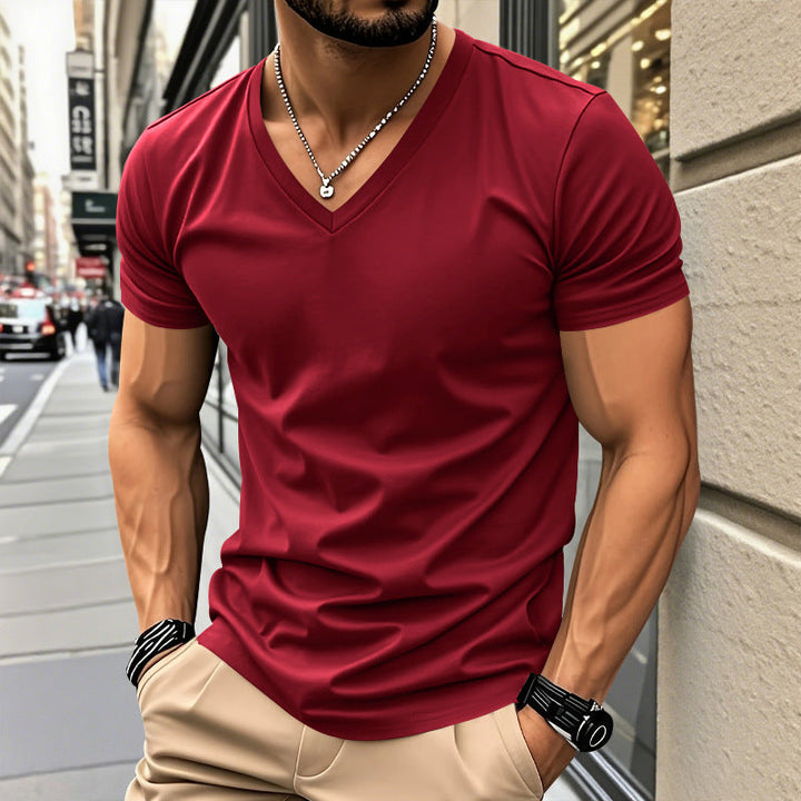 Herren nan klassisches V-Ausschnitt T-Shirt aus feinem Baumwolljersey mit verstärktem Nackenband und Doppelnaht Drune