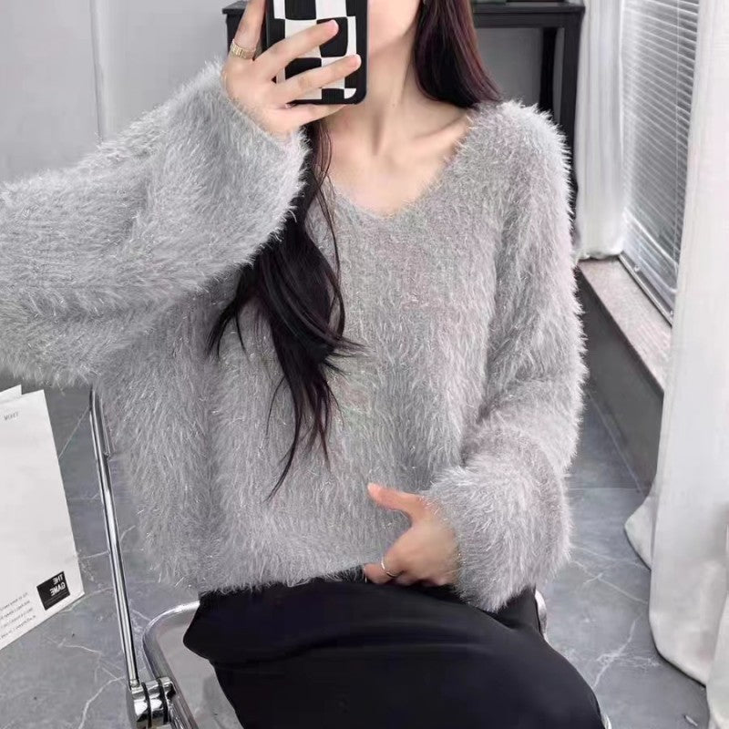 Damen Flauschiger V-Ausschnitt Pullover mit langem Arm und Glitzerfäden Drune