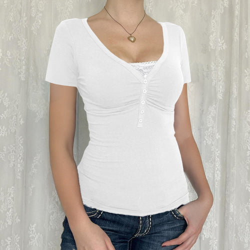 Damen figurbetontes Kurzarmshirt mit V-Ausschnitt Drune