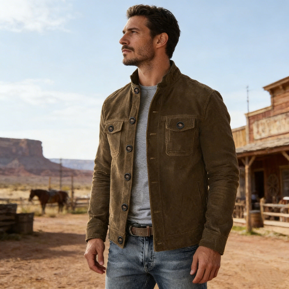 Herren nan klassische Velourslederjacke mit Stehkragen, Knopfleiste und aufgesetzten Brusttaschen Drune