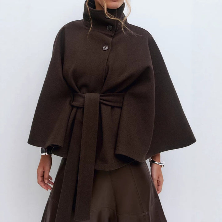 Damen nan kastiges Kurzcape Mantel mit Stehkragen und Bindegürtel Drune