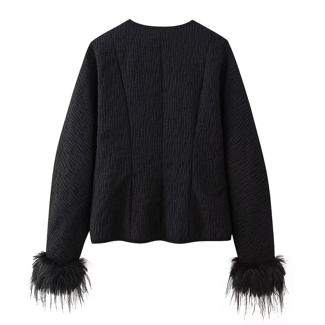 Damen modische Steppjacke mit raffiniertem Bindegürtel und eleganten Fuchsfell-Ärmeln Drune