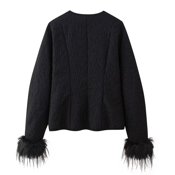 Damen modische Steppjacke mit raffiniertem Bindegürtel und eleganten Fuchsfell-Ärmeln Drune