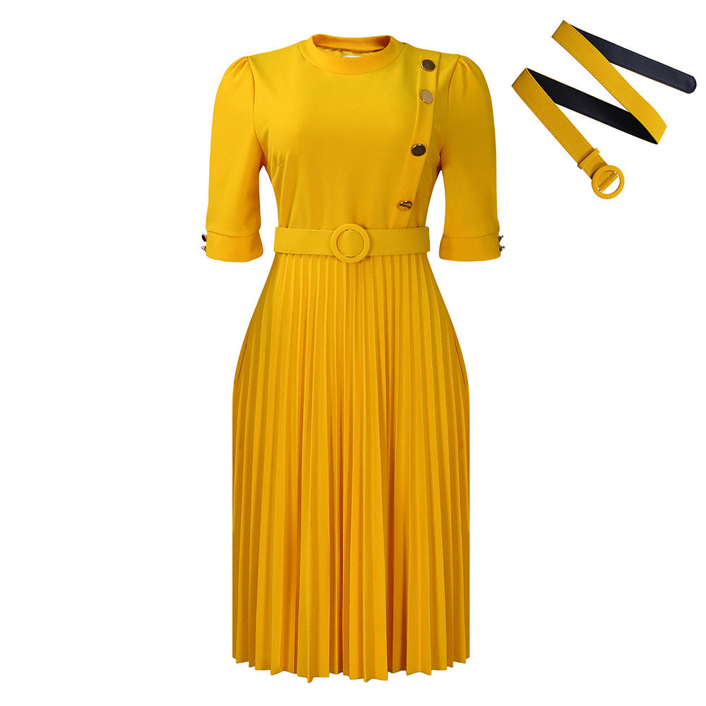 Damen Plissee Kleid mit taillierter Silhouette und modischen Knopfdetails Drune