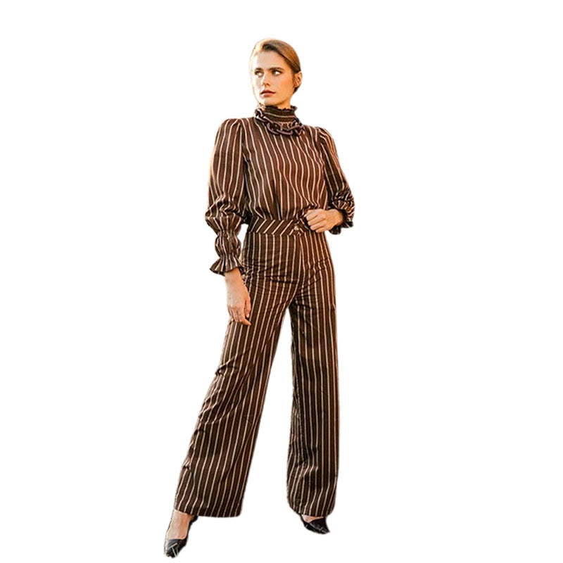 Damen gestreiftes Hosenanzug-Set mit voluminösen Ärmeln und Rüschendetails Drune