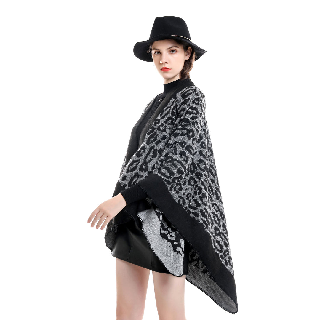 Damen Grobgewebter Jacquard‑Umhang mit Leo‑Print und offener Kimono‑Silhouette Drune