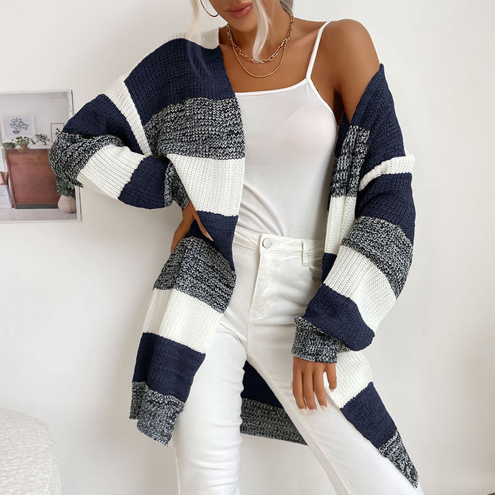 Damen Longline Strickcardigan mit breiten Blockstreifen, offener Front und überschnittener Schulter Drune