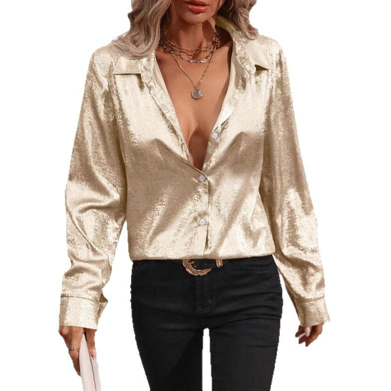 Damen Satinoptik-Hemdbluse mit Metallic-Glanz, legerer Passform und Manschetten Drune
