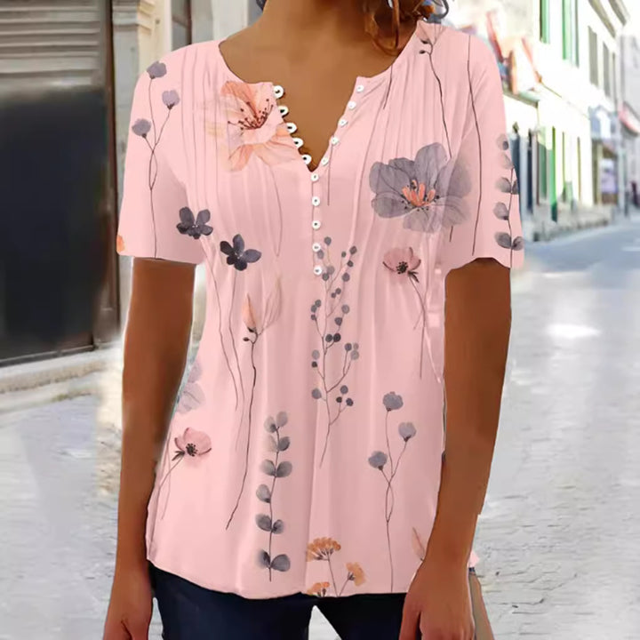 Damen nan leichte Viskose-Tunika mit Ziersteckfalten, halber Knopfleiste und Aquarellblumenprint Drune