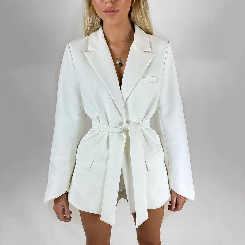 Drune | Blazer Longline Tailored Fit Selbstbinder Taille Revers Taschen
