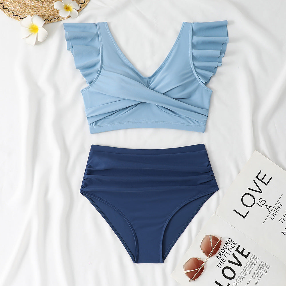 Damen Zweiteiliges High-Waist Bikini-Set mit Rüschendetails Drune