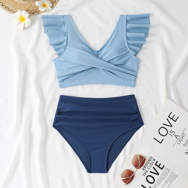 Damen Zweiteiliges High-Waist Bikini-Set mit Rüschendetails Drune