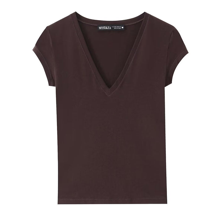 Damen V-Pullover aus hochwertigem Baumwollmix mit kurzer Ärmellänge Drune