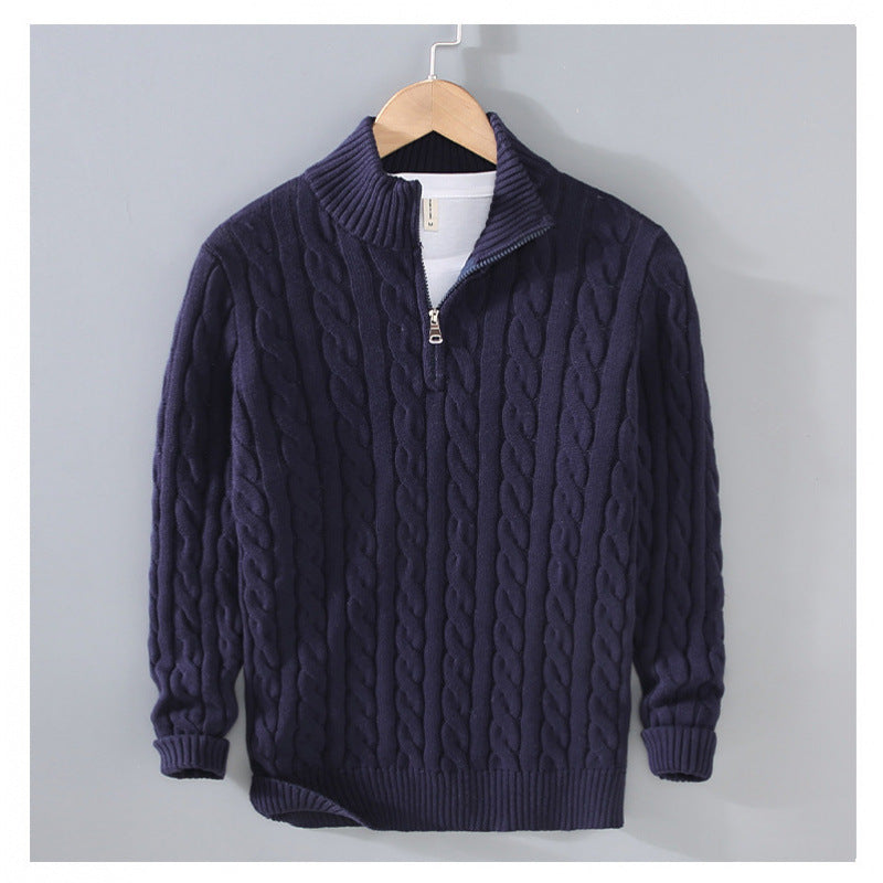 Herren Zopfmuster-Halbzip-Pullover aus weicher Baumwollmischung mit Stehkragen Drune