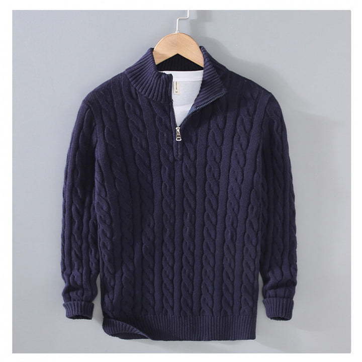 Herren Zopfmuster-Halbzip-Pullover aus weicher Baumwollmischung mit Stehkragen Drune