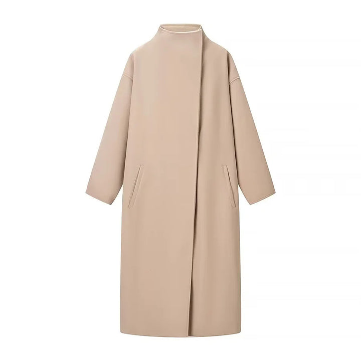 Damen nan minimalistischer Longmantel mit Stehkragen, verdeckter Frontleiste und schrägeingesetzten Eingrifftaschen Drune