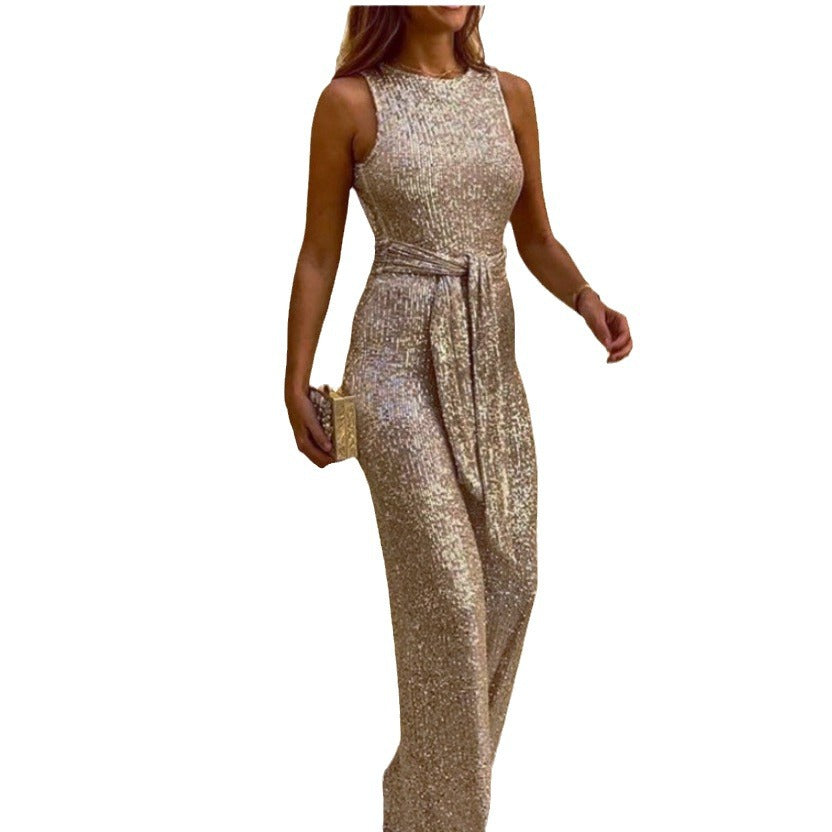 Damen Glamouröses Maxikleid mit glänzendem Paillettenbesatz und eleganter Taillenbindung Drune