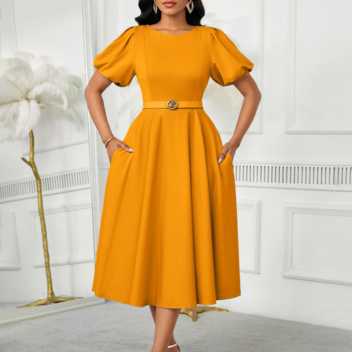 Damen Midi-Kleid mit Puffärmeln und tailliertem Gürtel Drune