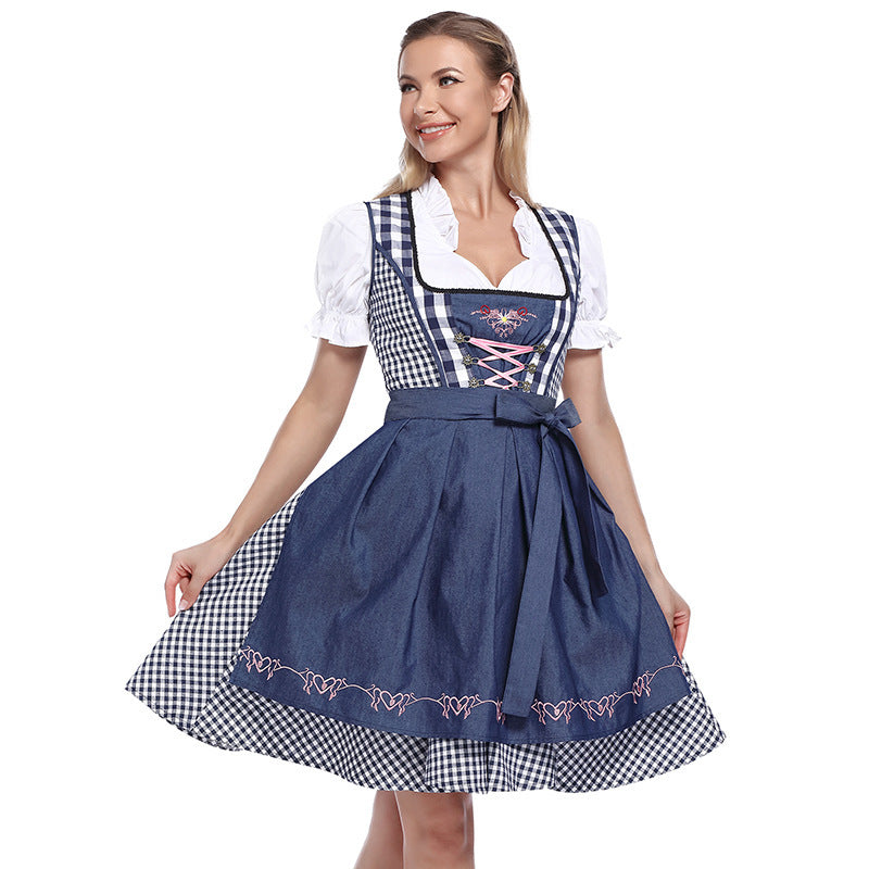 Damen nan klassisches Trachten-Dirndlkleid mit geschnürtem Mieder, herzbestickter Schürze und Vichy-Karo Rock Drune