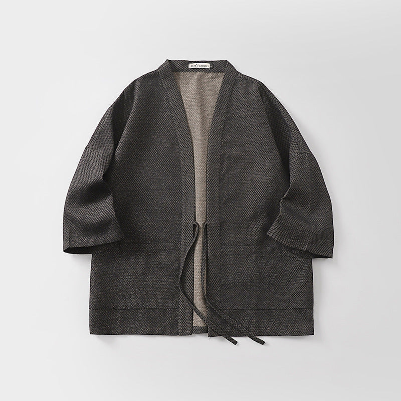 Herren Lockerer Kimono-Cardigan aus strukturierter Baumwollmischung mit kurzem Ärmel und Bindeband Drune