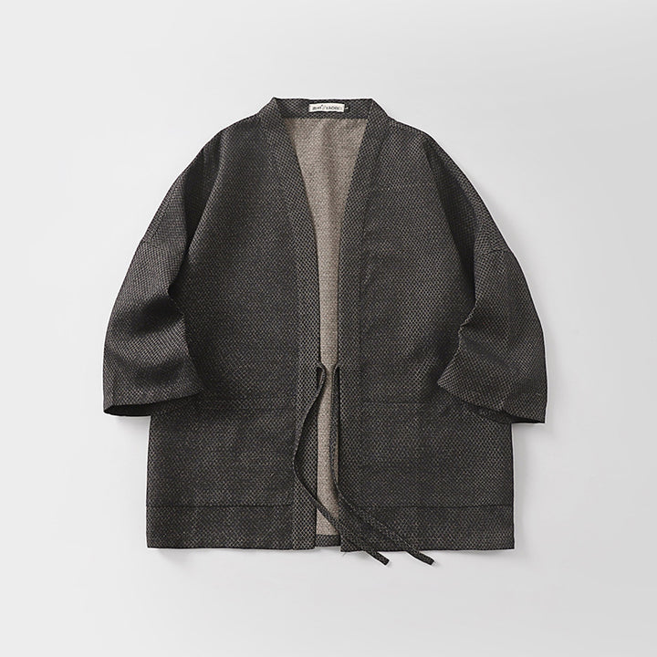 Herren Lockerer Kimono-Cardigan aus strukturierter Baumwollmischung mit kurzem Ärmel und Bindeband Drune