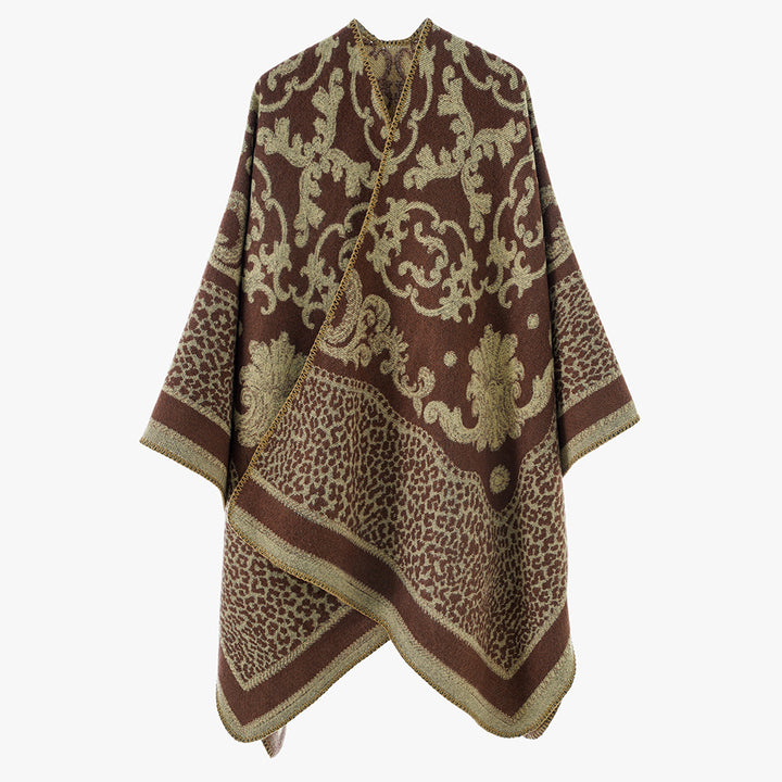Damen Jacquard‑Wollmix Capeponcho mit Barock‑ und Animalmuster Drune