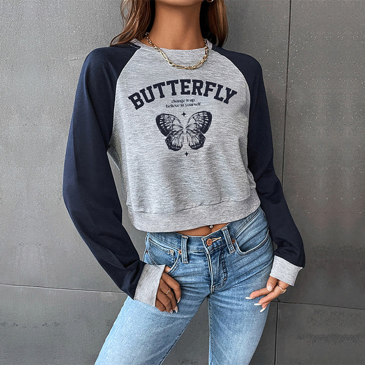 Damen Cropped Raglan-Sweatshirt mit Schmetterling-Print, geripptem Saum und lässiger Passform Drune