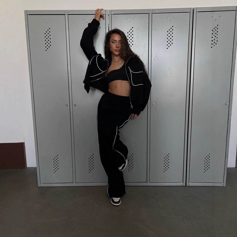 Damen lässiges Sportanzug-Set mit modischer Jacke und weit geschnittenen Hosen Drune