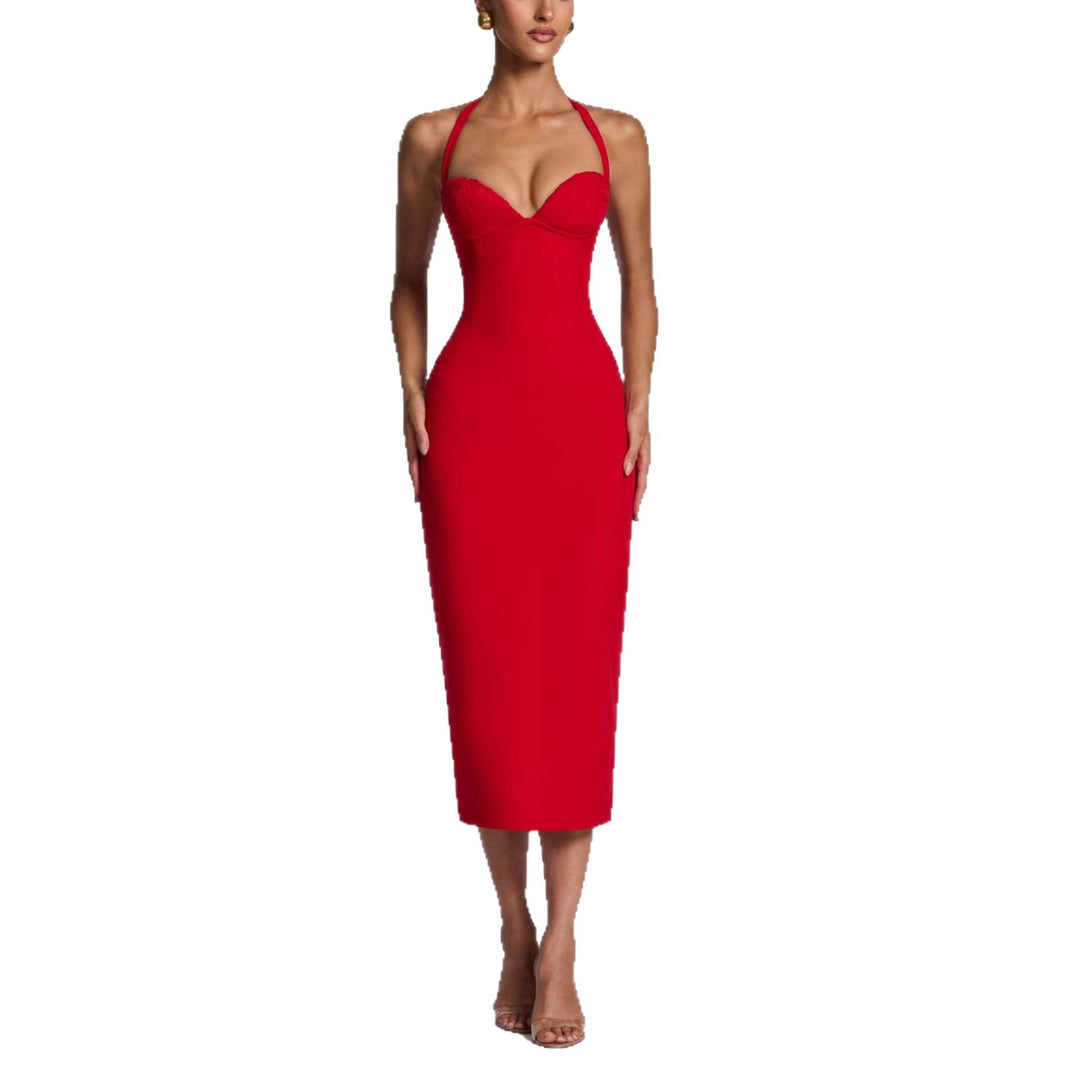 Damen Figurbetontes Midi-Kleid mit Herzausschnitt und verstellbaren Trägern Drune