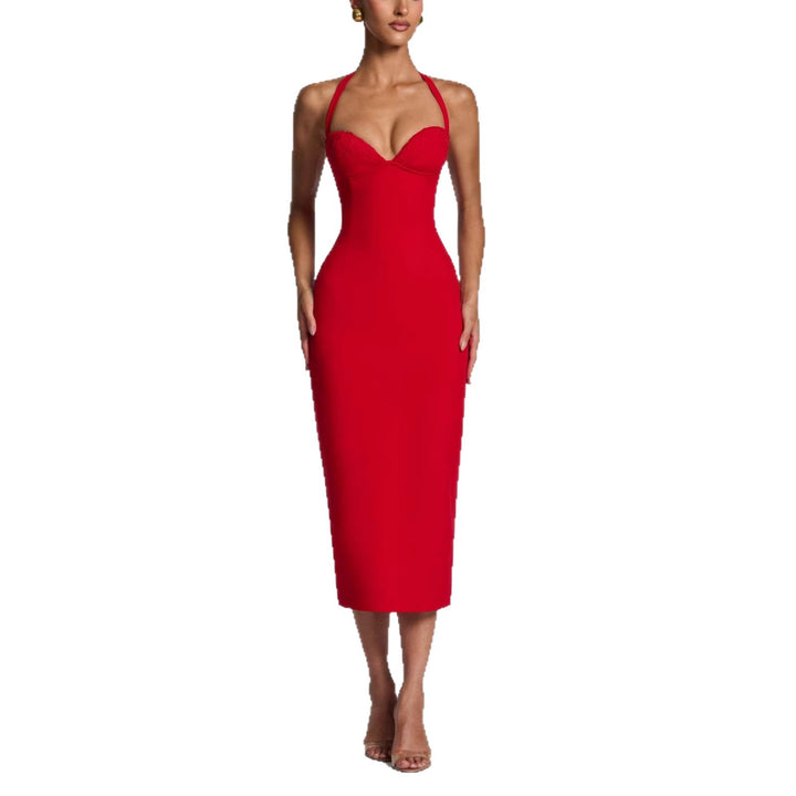 Damen Figurbetontes Midi-Kleid mit Herzausschnitt und verstellbaren Trägern Drune