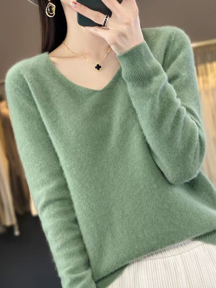 Damen Kuscheliger V‑Ausschnitt Feinstrickpullover aus Mohair‑Mix mit flauschiger Oberfläche Drune