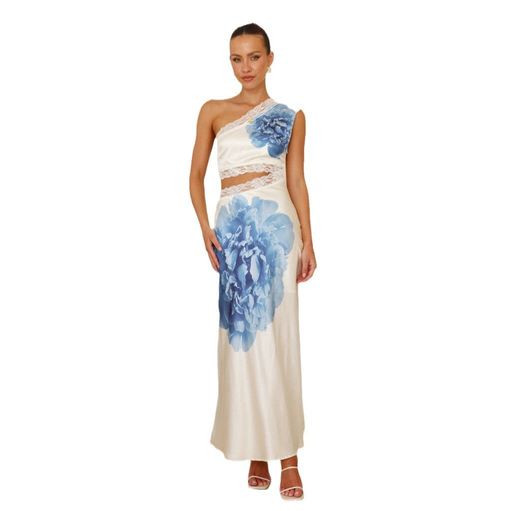Damen elegantes Hochzeitskleid mit asymmetrischem Design und Spitze Drune