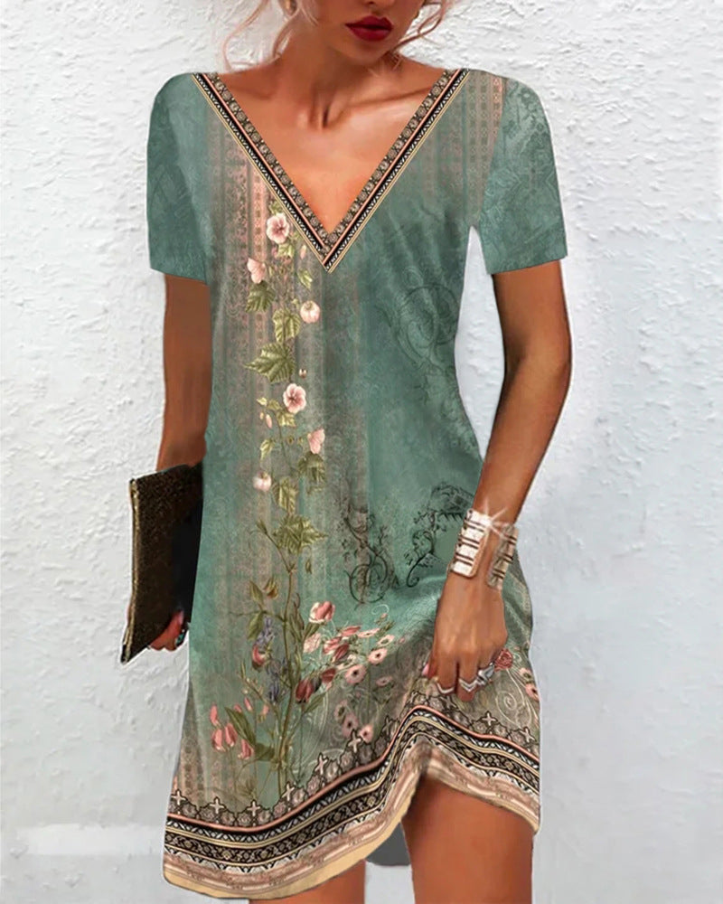 Frauen Floral V-Ausschnitt Tunika Kleid mit Border Print und langen Ärmeln Drune