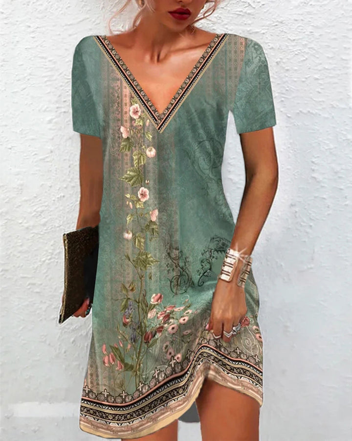 Frauen Floral V-Ausschnitt Tunika Kleid mit Border Print und langen Ärmeln Drune