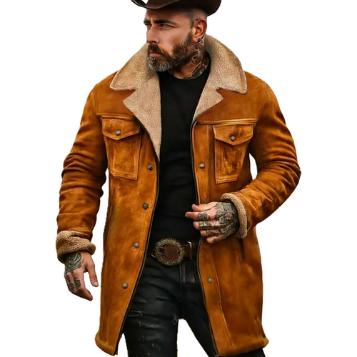 Herren Langer Veloursledermantel mit Teddyfutter und Pattentaschen Drune